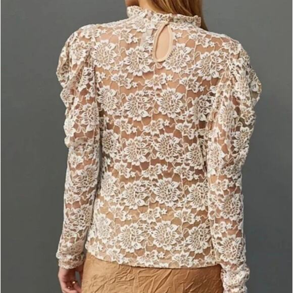 ANTHROPOLOGIE DOLAN Sheer Ivory Lace Puff Sleeve Mock Neck Blouse Top Size M NEW - Picture 2 of 13